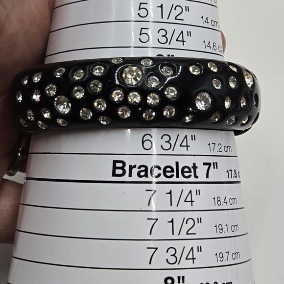 Vtg KENNETH JAY LANE KJL Black Lucite Rhinestone Inlay Cuff Bracelet Bling Hinge - Picture 6 of 6